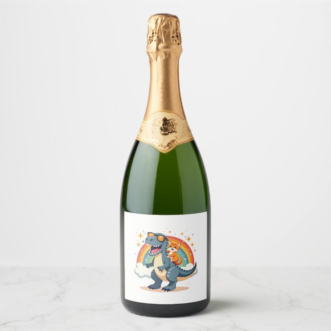 Cat Riding Dinosaur T-Rex Kitten Rainbow Dino Funn Sparkling Wine Label (Front)