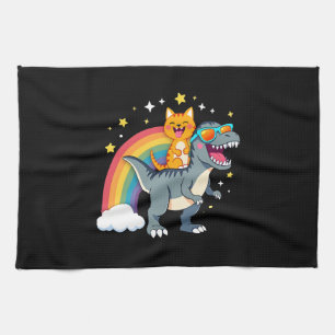 Cat Riding Dinosaur T-Rex Kitten Rainbow Dino Funn Tea Towel