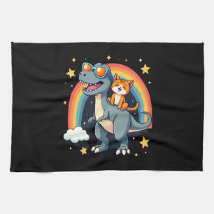 Cat Riding Dinosaur T-Rex Kitten Rainbow Dino Funn Tea Towel