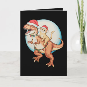 Cat Riding Dinosaur T Rex Moon Christmas Xmas Card