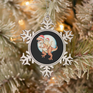 Cat Riding Dinosaur T Rex Moon Christmas Xmas Snowflake Pewter Christmas Ornament