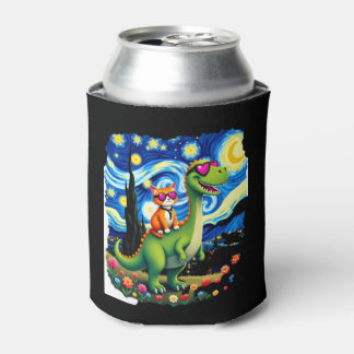 Cat Riding Dinosaur T-Rex Starry Night Cat Lover ( Can Cooler