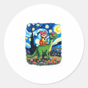 Cat Riding Dinosaur T-Rex Starry Night Cat Lover ( Classic Round Sticker