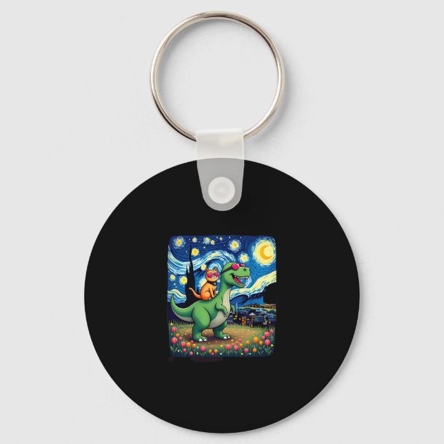 Cat Riding Dinosaur T-Rex Starry Night Cat Lover ( Key Ring (Front)