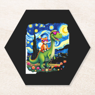 Cat Riding Dinosaur T-Rex Starry Night Cat Lover ( Paper Coaster
