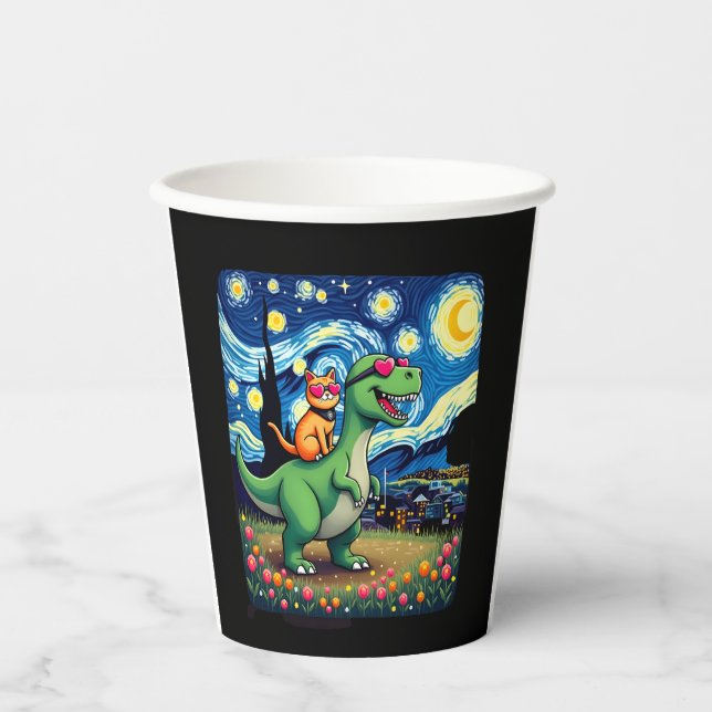 Cat Riding Dinosaur T-Rex Starry Night Cat Lover ( Paper Cups (Front)