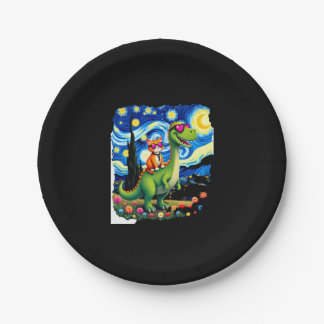 Cat Riding Dinosaur T-Rex Starry Night Cat Lover ( Paper Plate