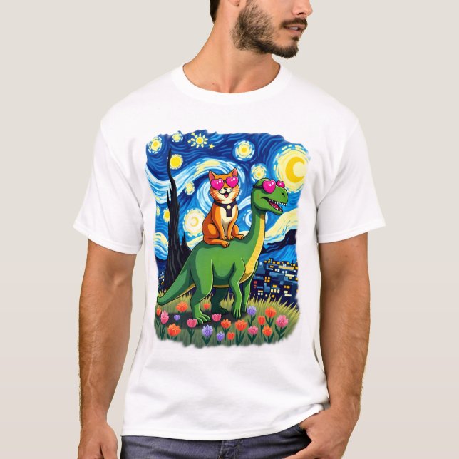 Cat Riding Dinosaur T-Rex Starry Night Cat Lover ( T-Shirt (Front)