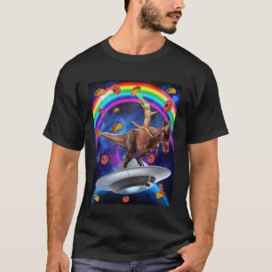 Cat Riding Dinosaur Trex UFO Taco Doughnuts in Gal T-Shirt