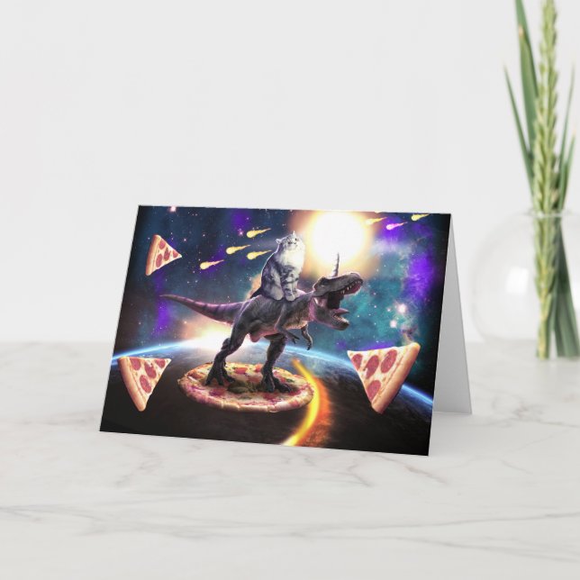 Cat riding dinosaur unicorn in space               card (Front)
