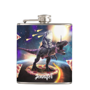 Cat riding dinosaur unicorn in space               hip flask