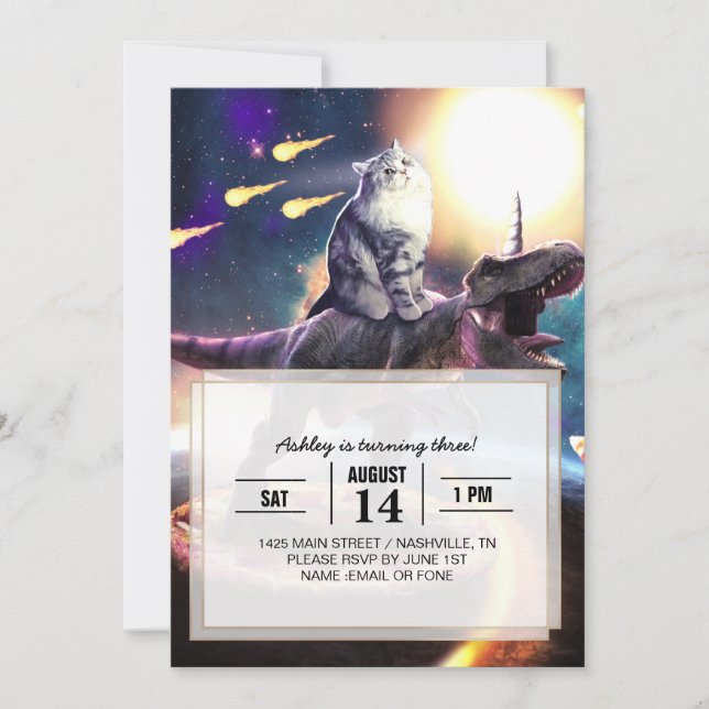  Cat riding dinosaur unicorn in space              Invitation (Front)