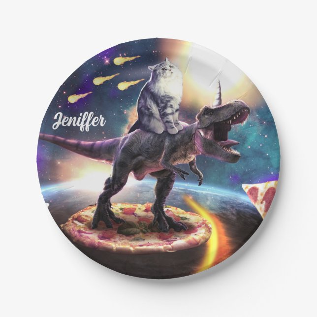 Cat riding dinosaur unicorn in space               paper plate (Front)