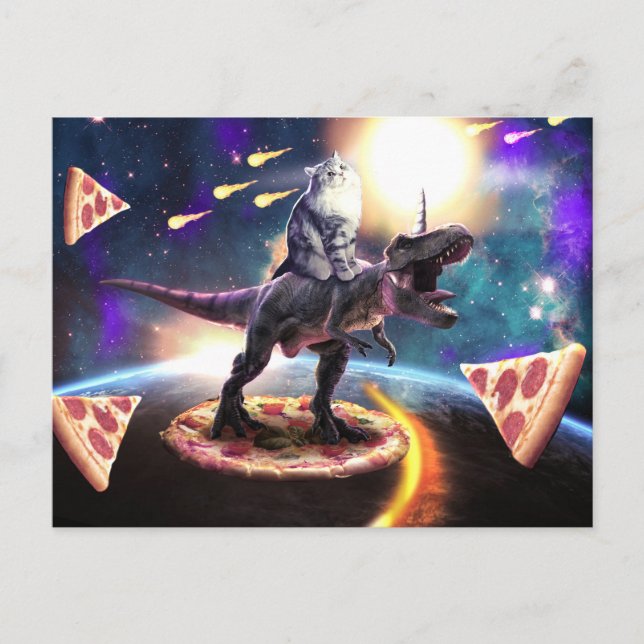 Cat riding dinosaur unicorn in space               postcard (Front)