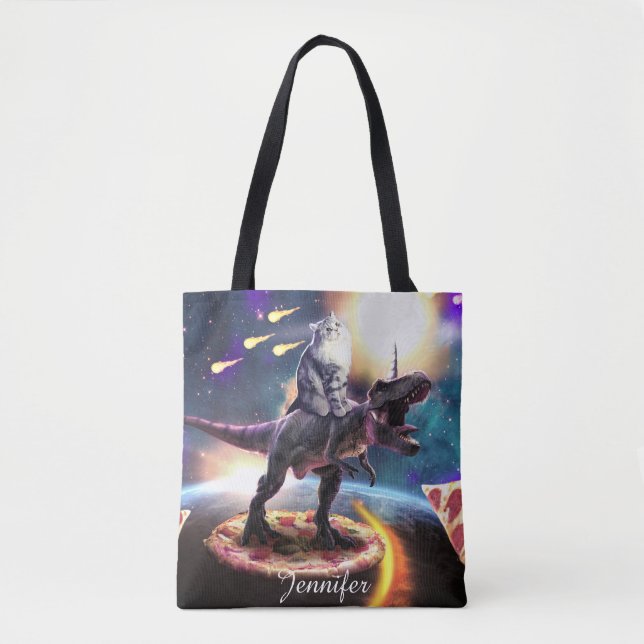 Cat riding dinosaur unicorn in space               tote bag (Front)