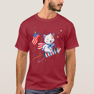Cat Riding Fireworks Funny 4th Of July Kids Boys T-Shirt