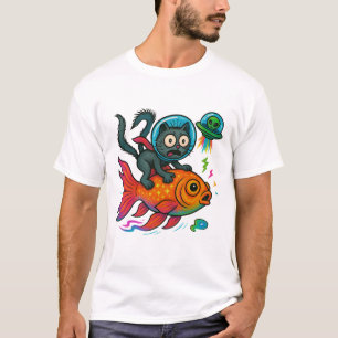 Cat Riding Fish Escaping Alien T-Shirt