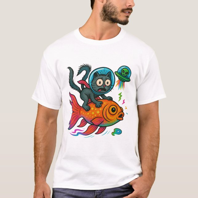 Cat Riding Fish Escaping Alien T-Shirt (Front)