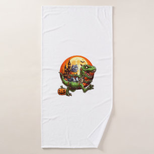 Cat Riding Horror T-rex As Zombie Halloween Kids T Bath Towel