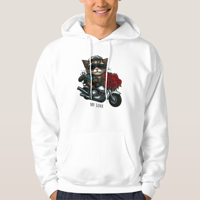 Cat riding motorcycle red roses flowers my love T- Hoodie (Front)