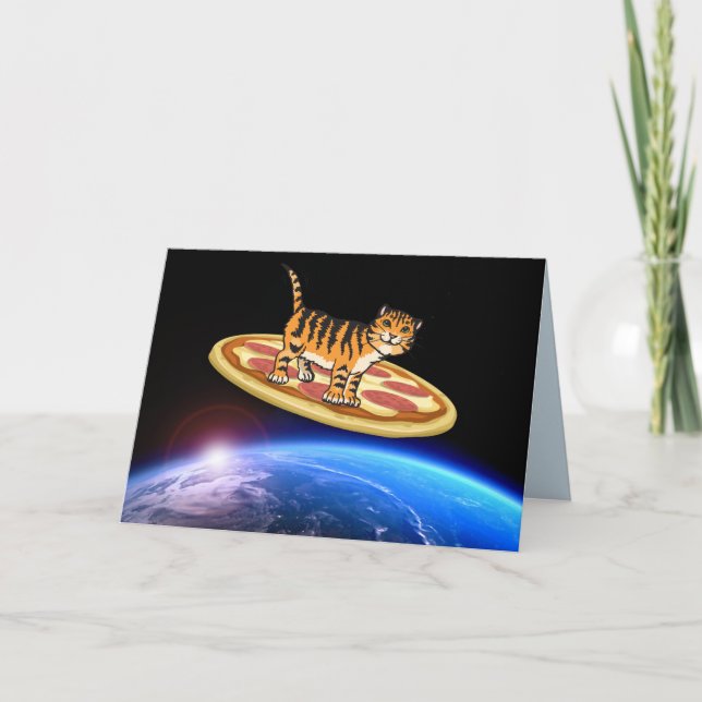 CAT RIDING PIZZA IN SPACE BIRTHDAY CARD (Front)