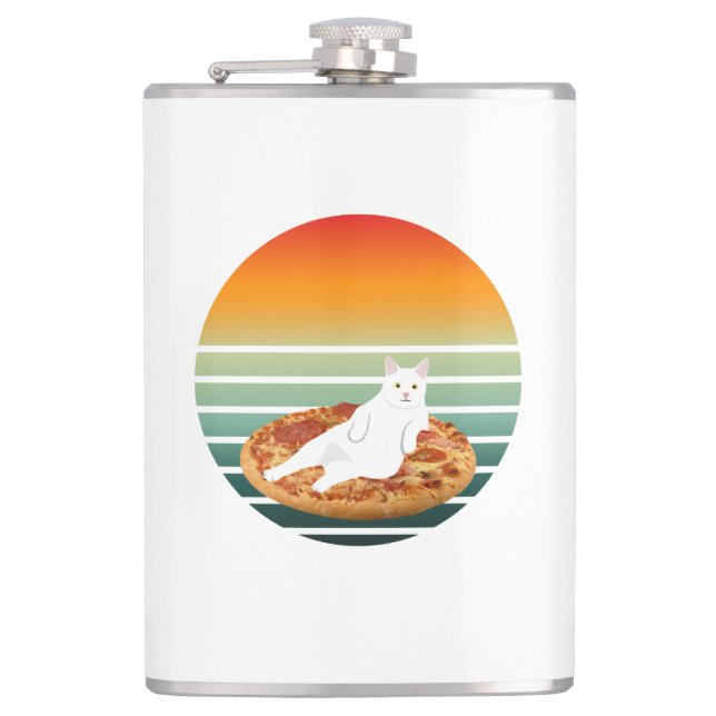 Cat riding pizza retro hip flask (Front)
