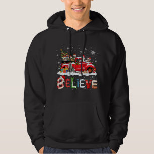 Cat Riding Red Truck Christmas Tree Believe Santa Hoodie