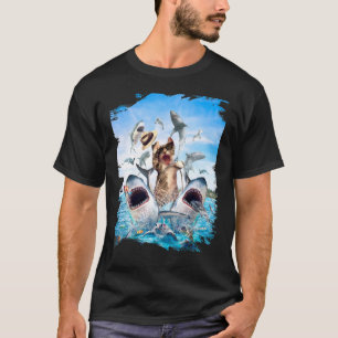 Cat Riding Shark Beach Ocean Cats Sharks Sunglasse T-Shirt