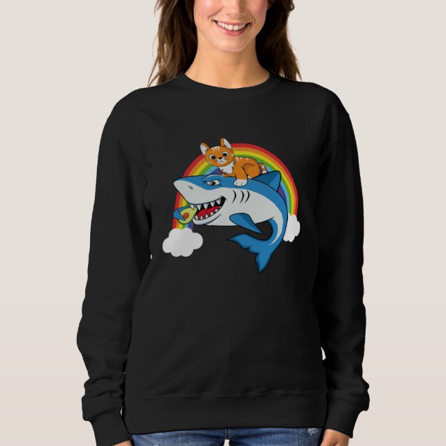 Cat Riding Shark Eating Avocado With Rainbow For C Sweatshirt (Front)