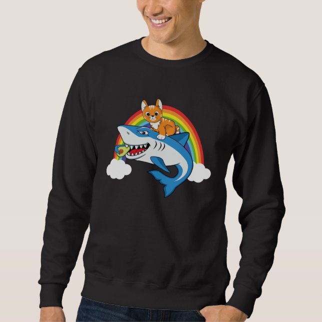Cat Riding Shark Eating Avocado With Rainbow For C Sweatshirt (Front)