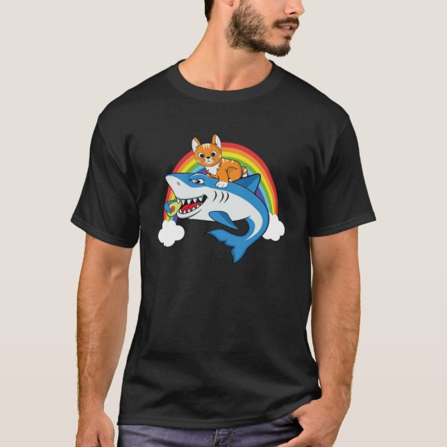 Cat Riding Shark Eating Avocado With Rainbow For C T-Shirt (Front)