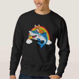 Cat Riding Shark Eating Cheese With Rainbow For Ca Sweatshirt