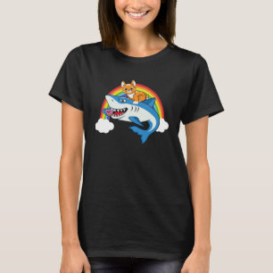 Cat Riding Shark Eating Doughnut With Rainbow For T-Shirt