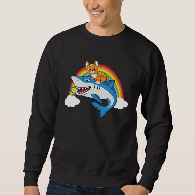 Cat Riding Shark Eating Lemon With Rainbow For Lem Sweatshirt (Front)