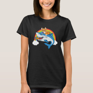 Cat Riding Shark Eating Pizza With Rainbow For Piz T-Shirt