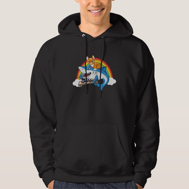 Cat Riding Shark Eating Sushi With Rainbow For Cat Hoodie (Front)
