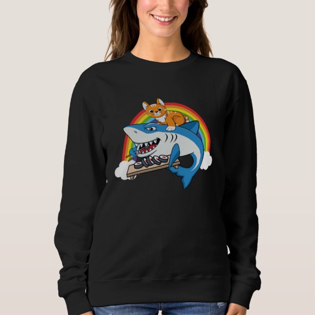 Cat Riding Shark Eating Sushi With Rainbow For Cat Sweatshirt (Front)