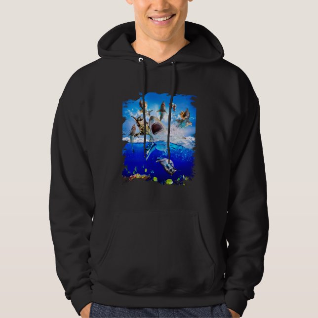 Cat riding shark in the ocean on the beach hoodie (Front)