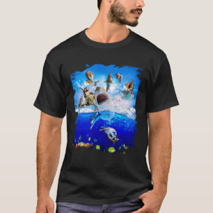 Cat riding shark in the ocean on the beach T-Shirt