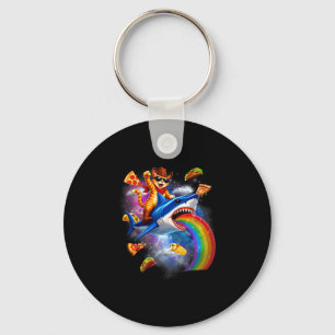 Cat riding shark rainbow pizza taco galaxy retro key ring