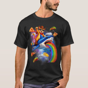 Cat riding shark rainbow pizza taco galaxy retro  T-Shirt