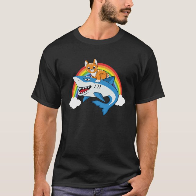 Cat Riding Shark With Rainbow For Cat Mom Cat Dad  T-Shirt (Front)