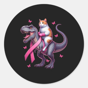 Cat Riding T Rex Dinosaur. Breast Cancer Awareness Classic Round Sticker