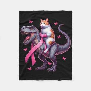 Cat Riding T Rex Dinosaur. Breast Cancer Awareness Fleece Blanket
