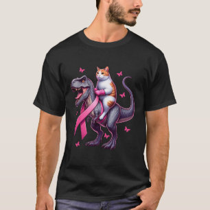 Cat Riding T Rex Dinosaur. Breast Cancer Awareness T-Shirt