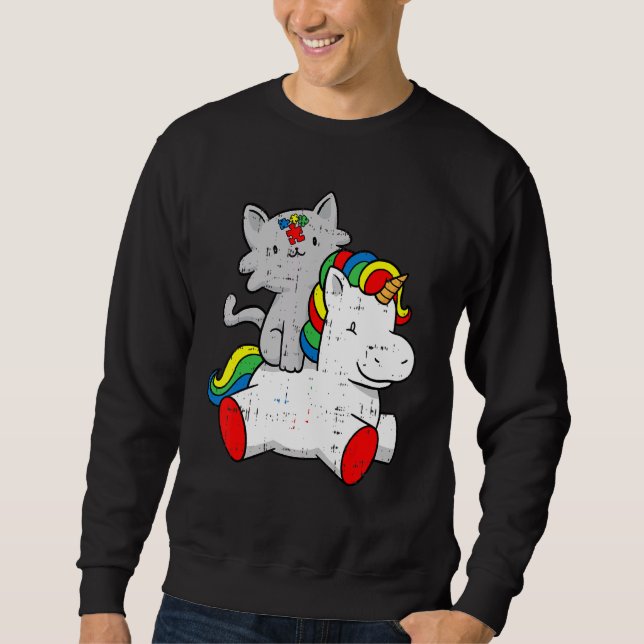 Cat Riding Unicorn Autism Awareness Cute Puzzle Pi Sweatshirt (Front)