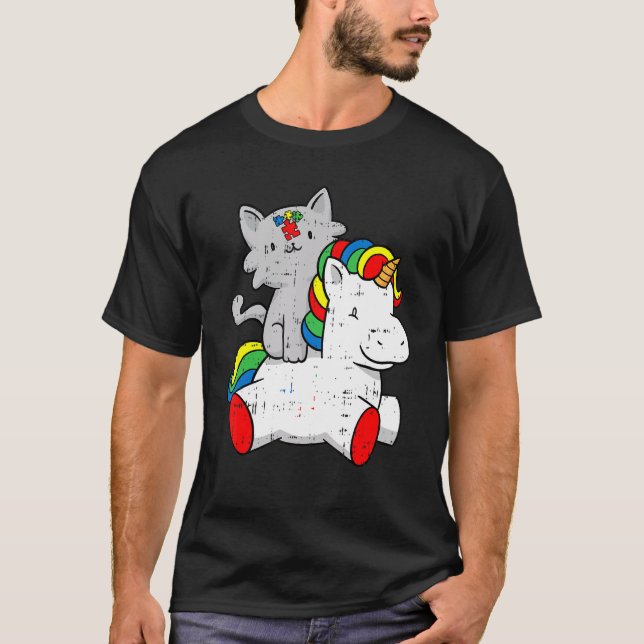 Cat Riding Unicorn Autism Awareness Cute Puzzle Pi T-Shirt (Front)