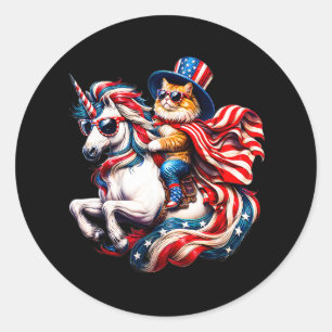 Cat Riding Unicorn Usa Flag Patriotic 4th Of July  Classic Round Sticker
