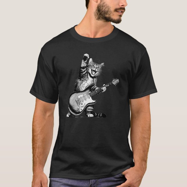 Cat Rockin' the Guitar Tee, Music Lover Shirt (Front)