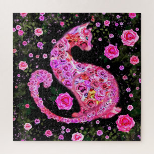 Cat Roses Jigsaw Puzzle - Painting - Pink